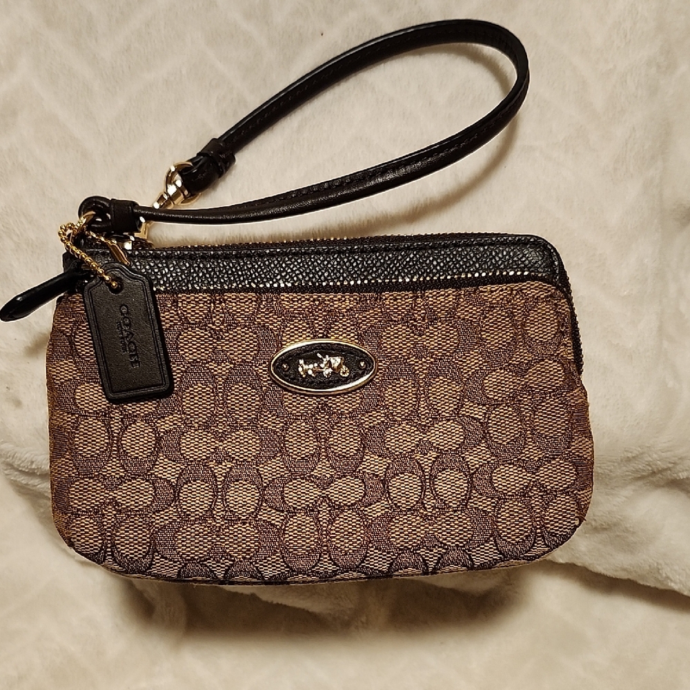 Coach Tan and Black Signature Wristlet